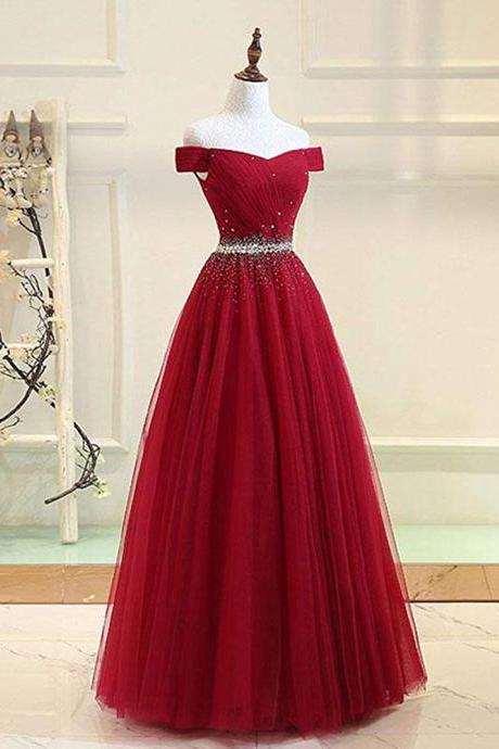 Charming Burgundy Tulle Long Prom Dress,Off The Shoulder Evening Dress,Bead Pleated Tulle Party Dress