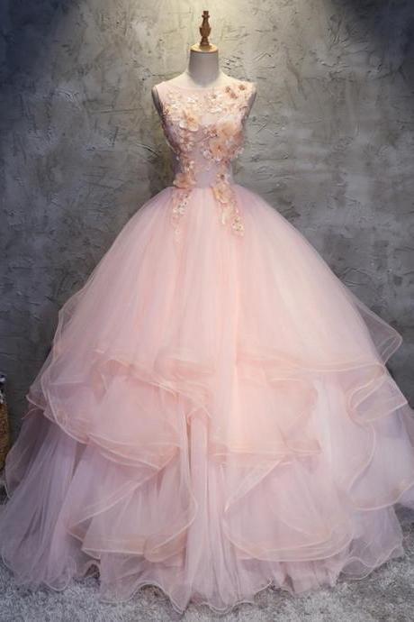 Cute Pink Scoop Neck Applique Prom Dresses,Sleeveless Quinceanera Dresses