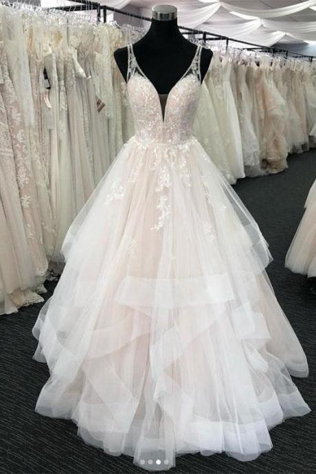 Gorgeous Light Champagne Tulle Ruffles Lace Prom Dress,V-Neck Straps Formal Ball Dresses