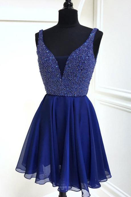 Royal Blue V-Neck Beaded Bodice Party Dress,Chiffon Homecoming Dress,Short Prom Dresses