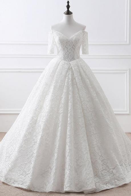 White V-Neck Lace Ball Gowns,Half Sleeves Lace Wedding Dress