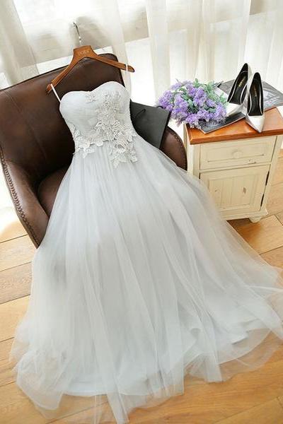 Gray Sweetheart Applique Long Prom Dress,Tulle Evening Dress
