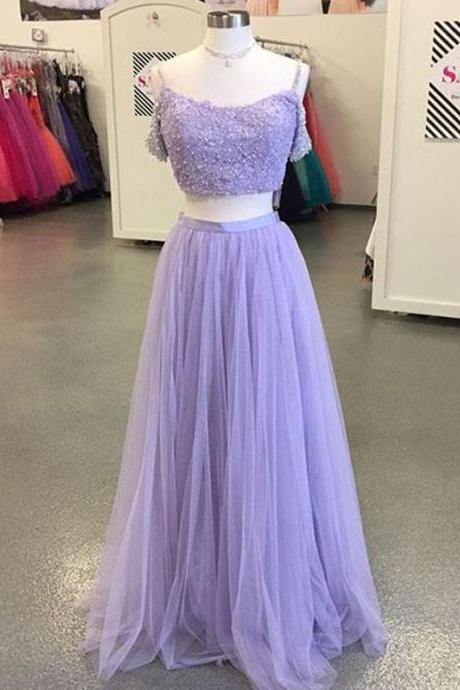 Light Purple Tulle Long Prom Dress,Two-Piece Lace Evening Dress,Off The Shoulder Prom Party Gowns