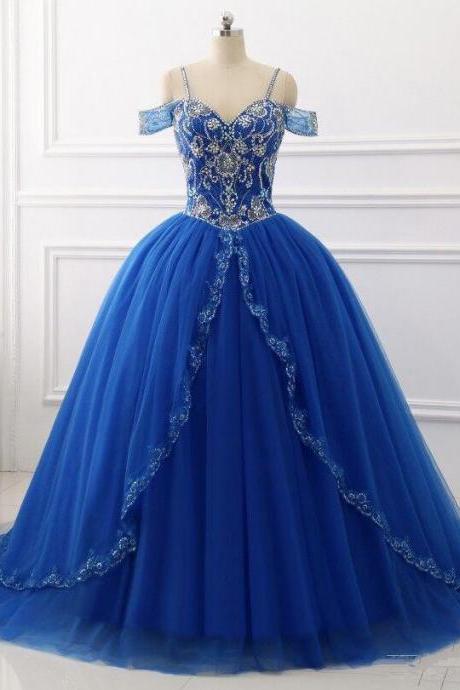 Charming Sweetheart Off The Shoulder Blue Sequin Beaded Prom Dress,Long Ball Gowns,Rhinestones Prom Gowns