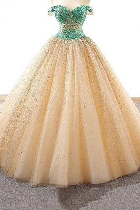Alluring Off Shoulder Beading Ball Gown Tulle Prom Dresses, Prom Dresses