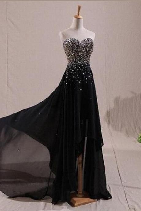 Chic Beaded Sweetheart Chiffon Prom Dresses,Black Long Rhinestone Prom Formal Dresses