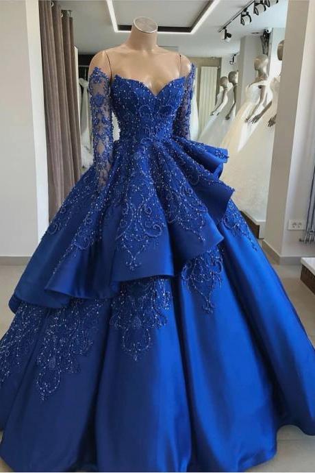 Royal Blue Satin Strapless Long Sleeve Beaded V Neck Prom Dress, Ball Gown