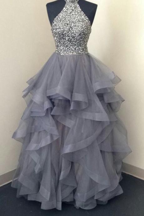  Sparkly Ball Gown Halter Grey Long Prom Dresses, Elegant Evening Dresses 