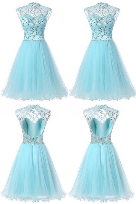 High Neck Homecoming Dresses, Beading Summer Dress, Open Back Party Gowns, Blue Prom Dresses, Cute Cocktail Dress