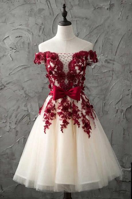 Burgundy lace tulle short prom dress, burgundy lace homecoming dress