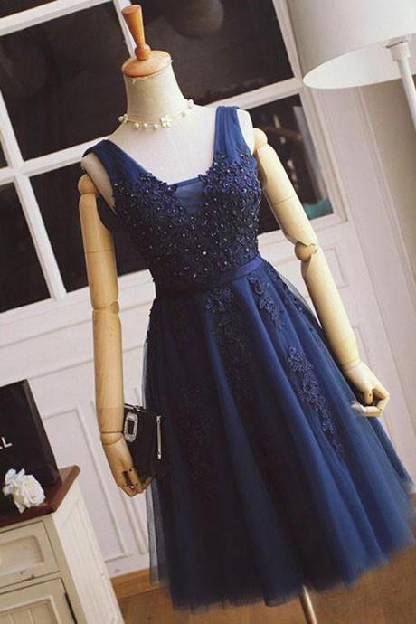 Navy Blue Tulle Lovely Ball Gown Bateau Short Homecoming Dress with Beading Appliques, Wedding Party Dress