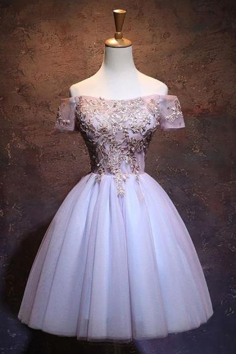 Lilac Cute Homecoming Dresses,Off Shoulder Homecoming Dress,Applique Mini School Dance Dress
