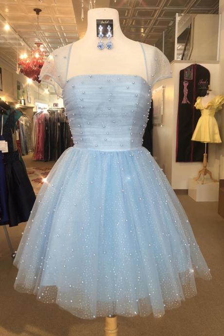 Princess Light Sky Blue Homecoming Dress with Pearls