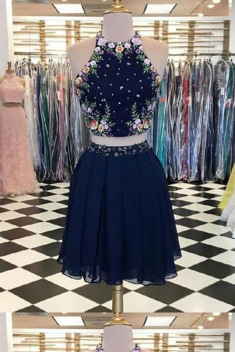 Two Pieces Embroidery Homecoming Dresses,Navy Blue Sleeveless Cute Homecoming Dress