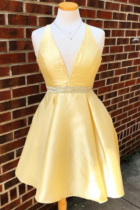 Yellow A-line Satin Beaded Homecoming Dresses