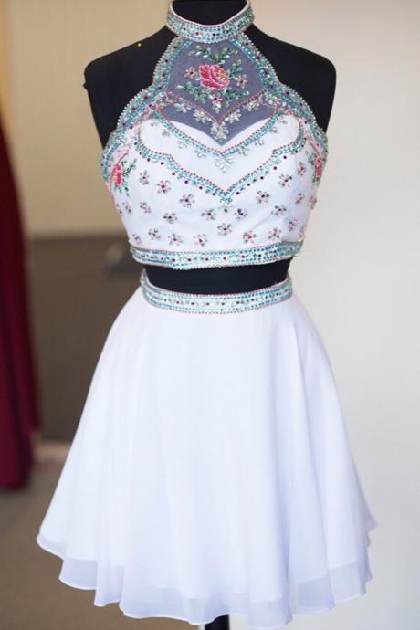 White Halter Chiffon Homecoming Dresses,Embroidery Party Dress