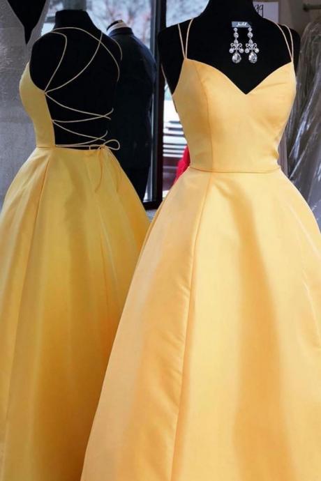 Spaghetti Straps A-line Long Yellow Satin Prom Dress Open Back Women Evening Dress