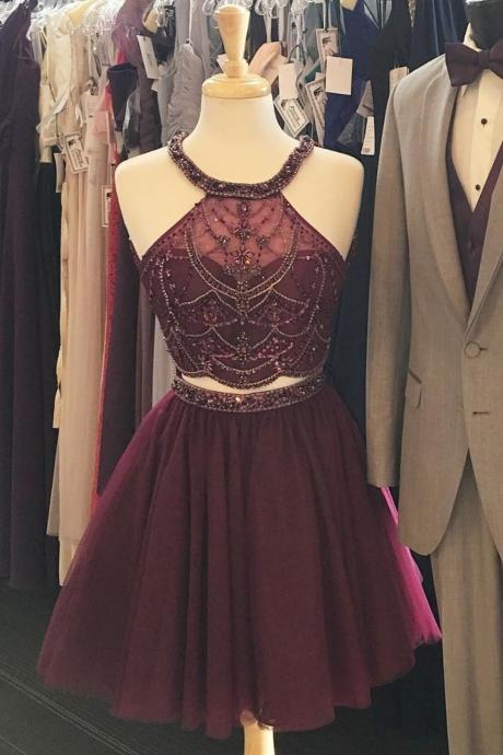 Dark Red Beaded Two Pieces Homecoming Dresses,Burgundy Halter Tulle MIni Homecoming Dress