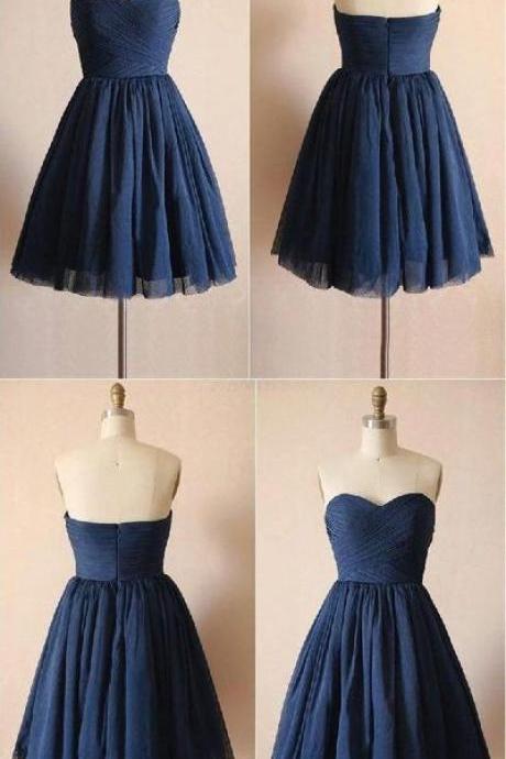 Navy Blue Chiffon Short Homecoming Dresses,Pleated Sweetheart Homecoming Dress