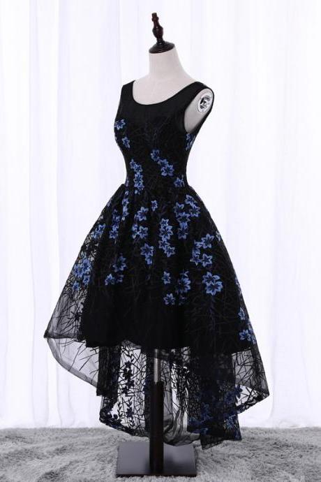 Black Hi-lo Embroidery Homecoming Dresses,Sleeveless Lace Homecoming Dresses