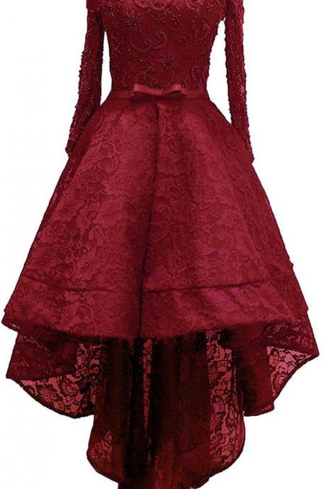 A-line Scoop Neck Long Sleeve Burgundy Homecoming Dresses