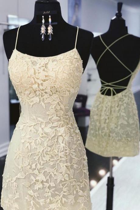  Tie Back Yellow Fitted Homecoming Dress,Lace Criss Back Homecoming Dresses,Sheath Short Dresses