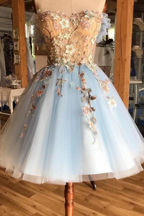  A-Line Off-the-Shoulder Above-Knee Light Blue Homecoming Prom Dress with Appliques