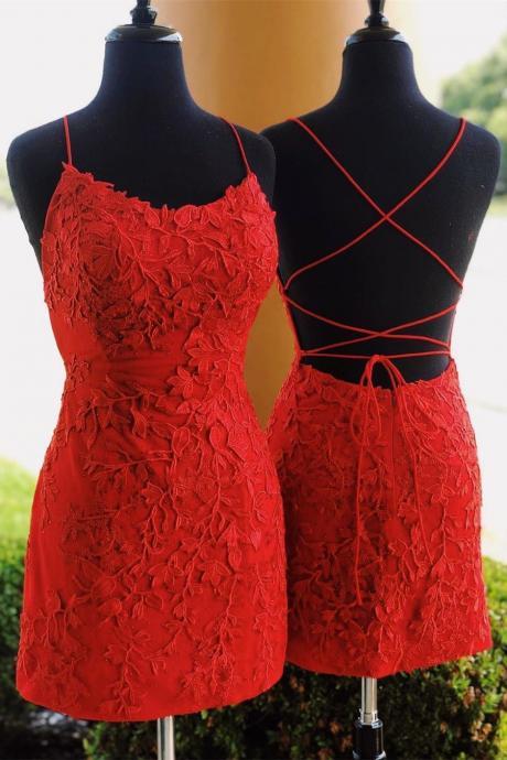  Straps tight short red lace homecoming dresses, 2019 short homecoming dresses