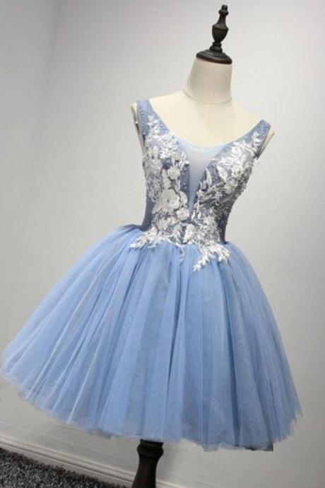 Homecoming Dresses,Sky Blue Homecoming Dresses,Lace Applique Party Homecoming Dresses with Flowers