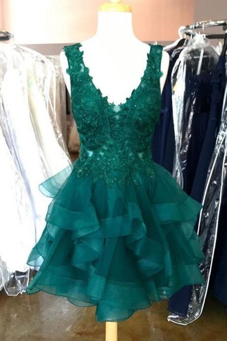  Princess Flounced Dark Green Homecoming Dress with Lace