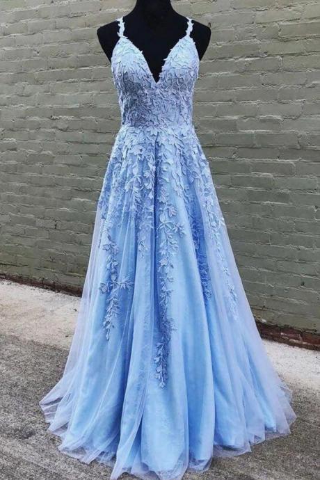 Charming Elegant Spaghetti Strap V-neck Blue Lace A-line Long Cheap Formal Evening Party Prom Dresses