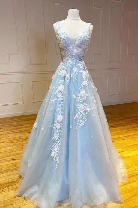 SPD1053,Blue v neck tulle lace long prom dress blue lace evening dress