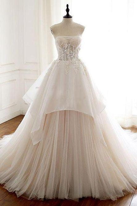 SPD1073,Ivory Strapless A-Line Tulle Long Prom Dresses,Lace Wedding Gown