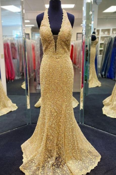 SPD1132,Gold mermaid applique lace prom evening dress
