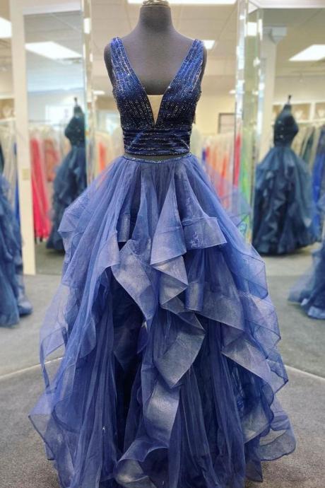 SPD1134,Two pieces prom dresses,beaded evening gown,v-neck prom dress,layers tulle evening dress