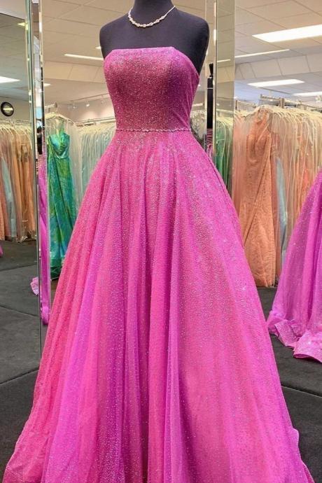 SPD1135,Hot pink strapless prom dress,beaded a line floor length evening dress