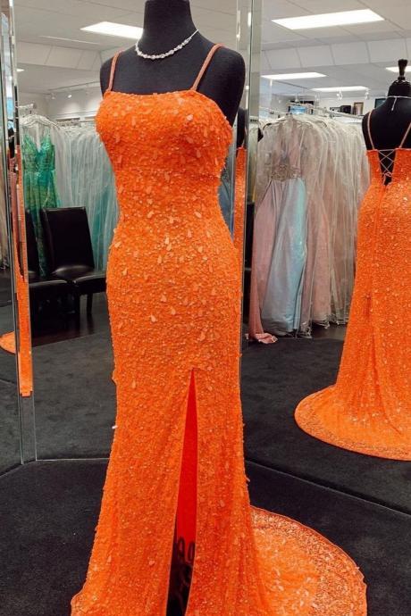 SPD1136,Spaghetti straps orange prom dress,mermaid split evening dress,lace beaded party gown