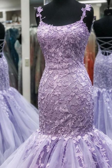 SPD1137,Lilac mermaid prom dresses,beaded applique tulle party evening dress