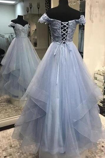 SPD1141,Off The Shoulder Long Tulle Prom Dress With Lace