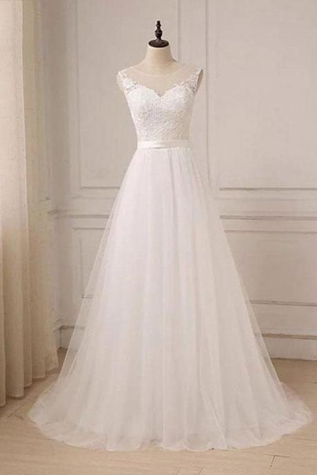 SPD1180,White tulle prom dress lace a-line wedding dress
