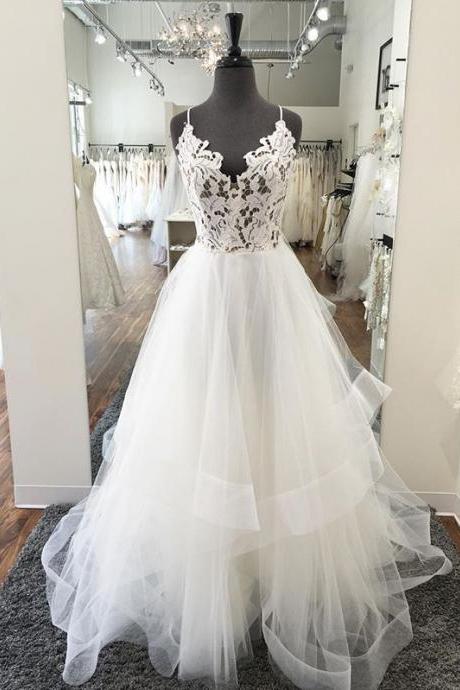 SPD1187,Ivory see through lace top wedding dress tulle a-line prom dresses