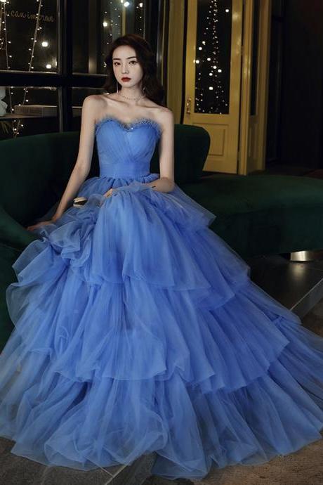 SPD1192,Blue tulle long prom dress blue evening dress