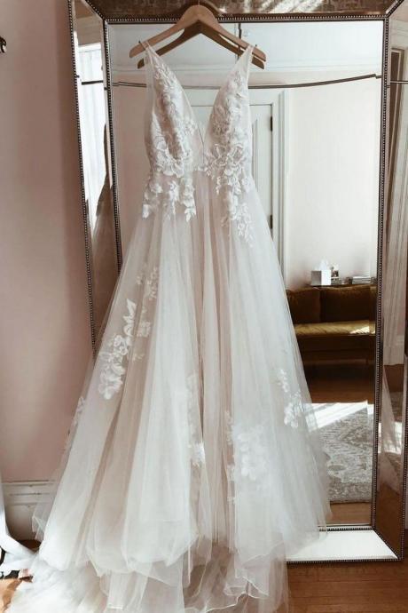 SPD1200,White Prom Dresses V-Neck Floral Wedding Gown