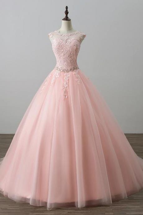 SPD1213,Cute blush pink tulle ball gown beaded sweet 16 dress long prom dresses