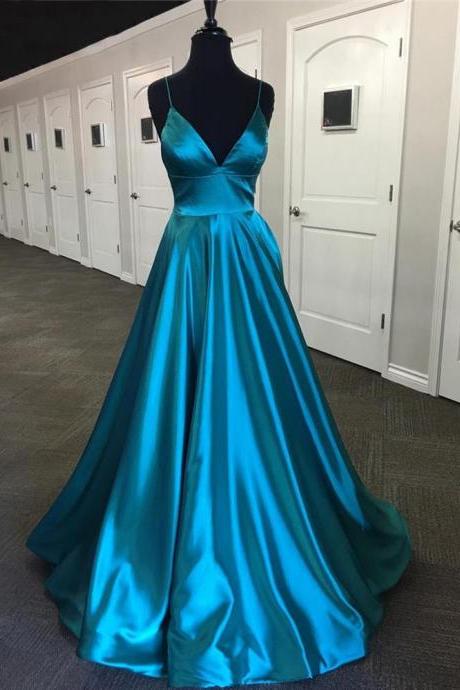 SPD1227,Cheap blue prom dress spaghetti straps a-line satin long prom evening dresses formal gown
