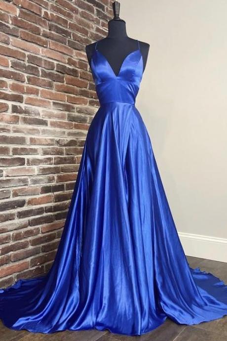 SPD1237,Sexy royal blue prom dresses cross back satin long evening formal gown