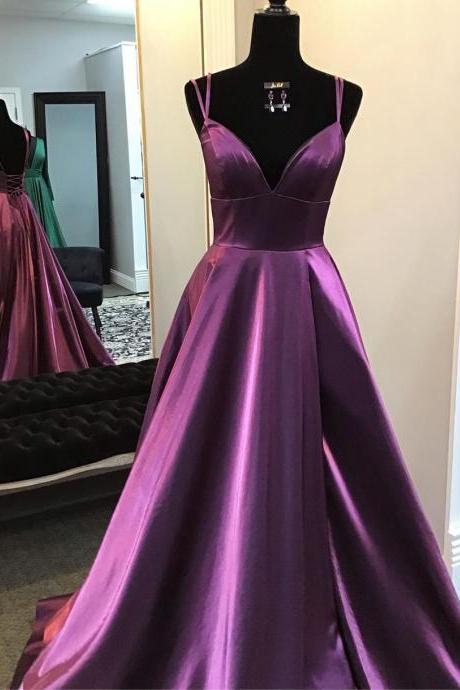 SPD1239,Purple satin prom dresses cross back v-neck formal gown
