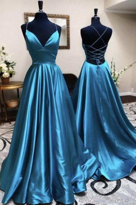 SPD1241,Unique Long Satin Open Back A Line Prom Dress,Blue Bridesmaid Dress