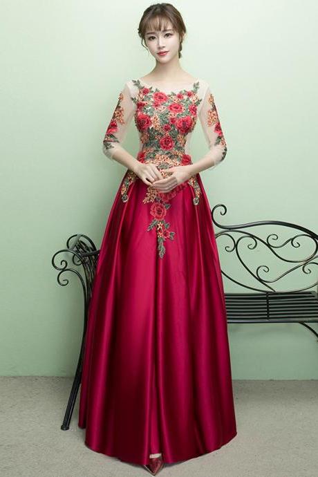 SPD1246,Red prom dress,applique evening dresses,red evening dress,satin long prom dress