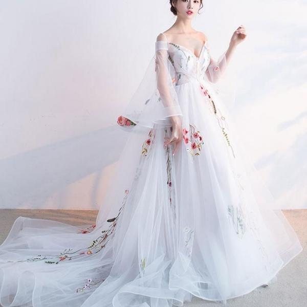 White Tulle Applique Long Prom Dress, White Evening Dress on Luulla
